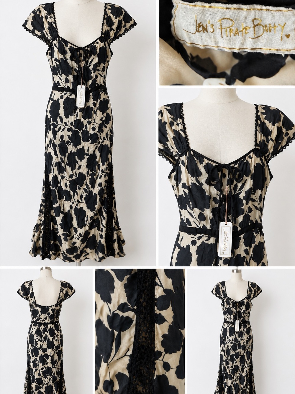 Jen’s Pirate Booty NWT Black Cream Floral Lace Trim Midi Dress 100% viscous